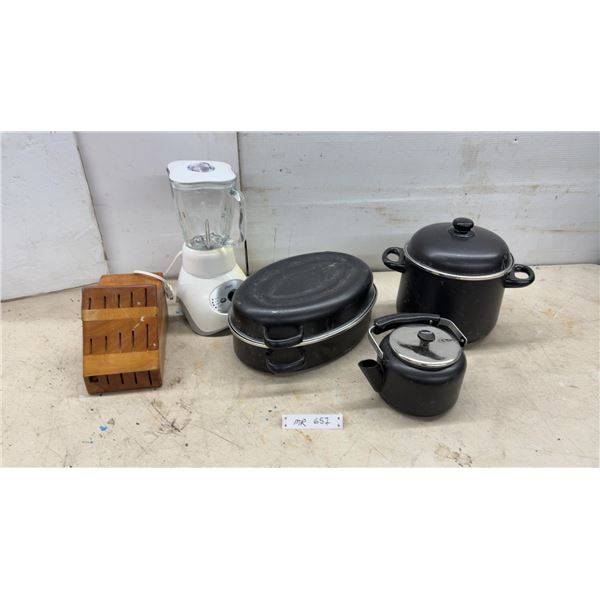 Oster Blender, Wooden Knife Block, Black Stockpot, Roasting Pan, Kettle, and More