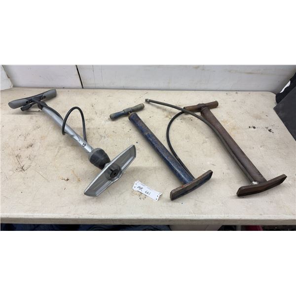 Blackburn AirStik Bicycle Floor Pump and Two Vintage Metal Floor Pumps with Wooden Handles