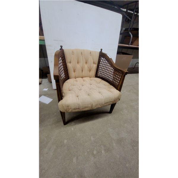 Vintage Tufted Barrel Accent Chair with Cane Webbing Sides and Wood Frame