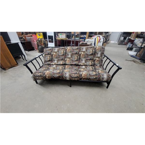 Black Metal Frame Futon with Racing-Themed Checkered Flag and Vintage Car Patterned Mattress