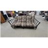 Image 1 : Black Metal Frame Futon with Racing-Themed Checkered Flag and Vintage Car Patterned Mattress