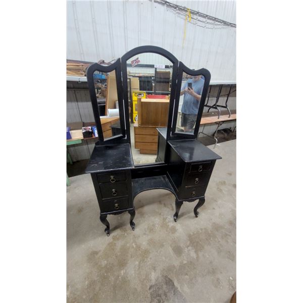 Black Tri-Fold Mirror Vanity Dressing Table with Cabriole Legs and Brass Pulls
