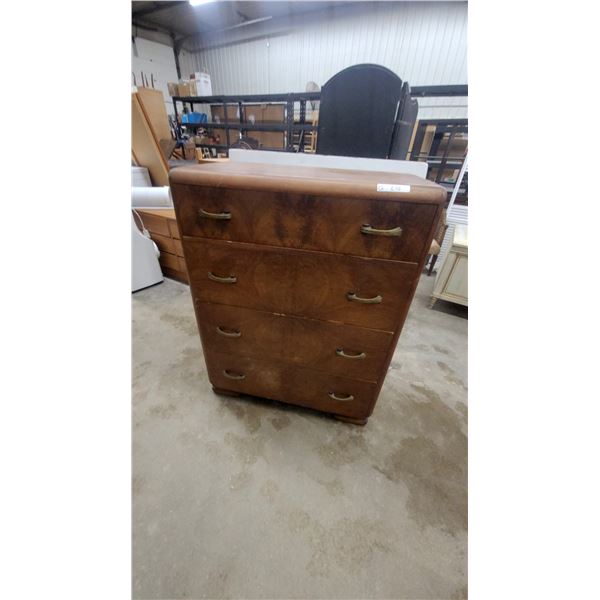 Art Deco Waterfall Burl Wood Veneer Four-Drawer Tall Chest with Brass Bail Pulls 46 x 34 x 18"