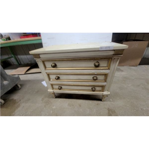 French Provincial Style Three-Drawer Nightstand with Gilt Trim and Brass Pulls 25 x 29 x 16"