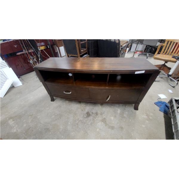 Dark Brown Wood Media Console with Curved Front, Silver Handles, and Open Shelving 26 x 58 x 17"