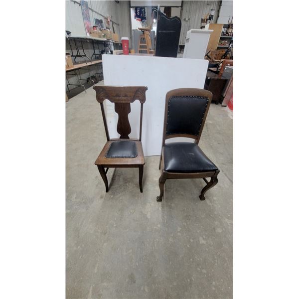 Pair of Antique Oak Side Chairs with Carved Backs and Black Upholstered Seats