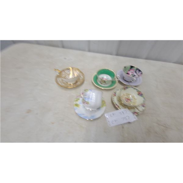Collection of Five Vintage Porcelain Teacups and Saucers with Floral and Gold Gilt Designs