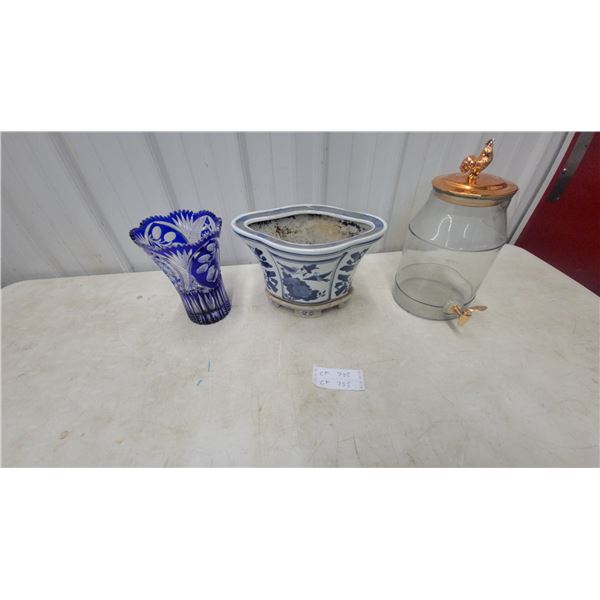 Bohemian Cobalt Blue Cut-To-Clear Crystal Vase with Star and Floral Motifs Planter