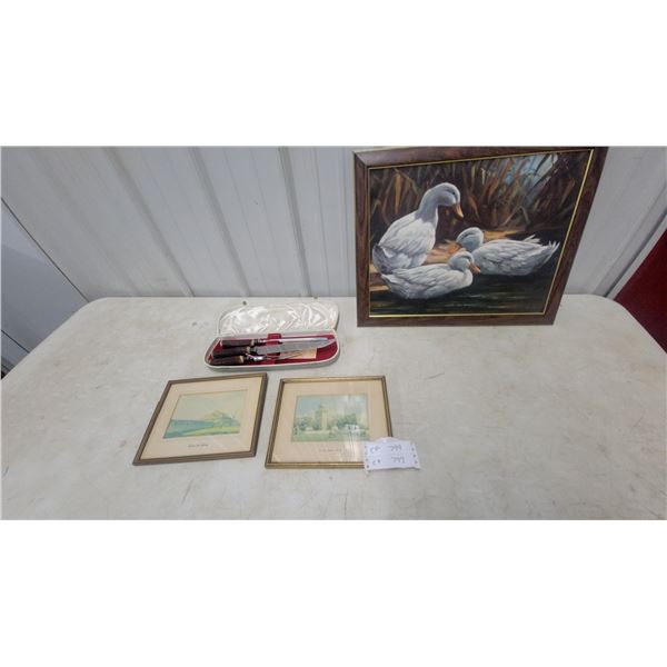 Framed Oil Painting of Swans, Two Framed Prints, Cased Staghorn Carving Set, and More