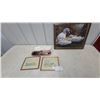 Image 1 : Framed Oil Painting of Swans, Two Framed Prints, Cased Staghorn Carving Set, and More