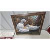 Image 2 : Framed Oil Painting of Swans, Two Framed Prints, Cased Staghorn Carving Set, and More