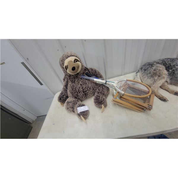 Vintage Martin Wooden Badminton Racket with Wooden Racket Press, Stuffed Sloth