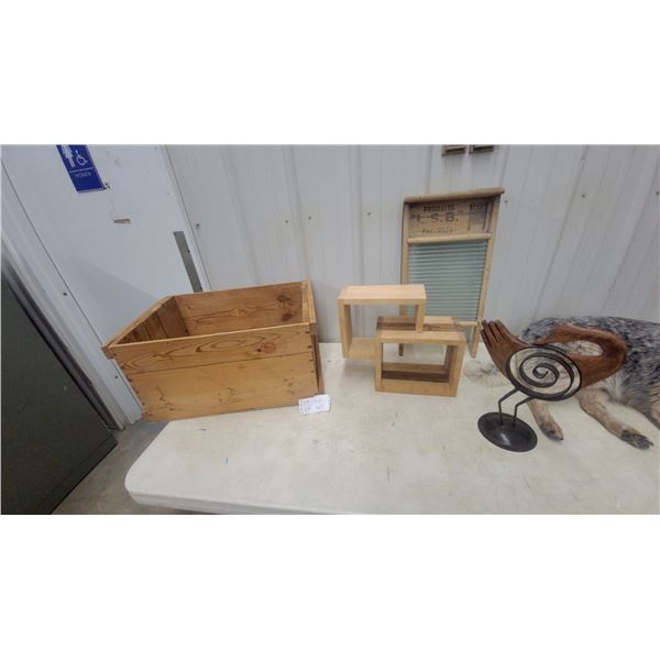 L.S.B. Products Vintage Glass Washboard, Wooden Crate, and Wooden Display Shelf