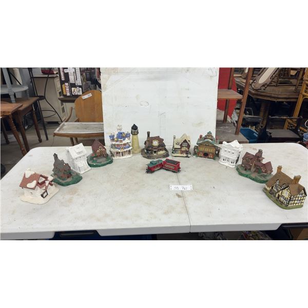 Collection of Miniature Village Houses, Lighthouse, Train Cars, and More (12 Pieces)
