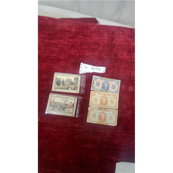 German Notgeld Neugraben-Hausbruch 1921 and Netherlands Muntbiljet 1940 Banknotes, Five Pieces