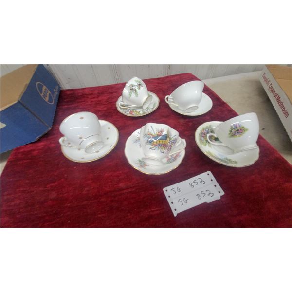 Collection of Five Vintage English Bone China Teacups and Saucers with Gold Trim and More