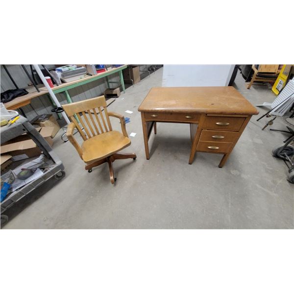 Vintage Oak Waterfall Desk with Brass Pulls 31 x 41"29" and Wooden Swivel Banker's Chair