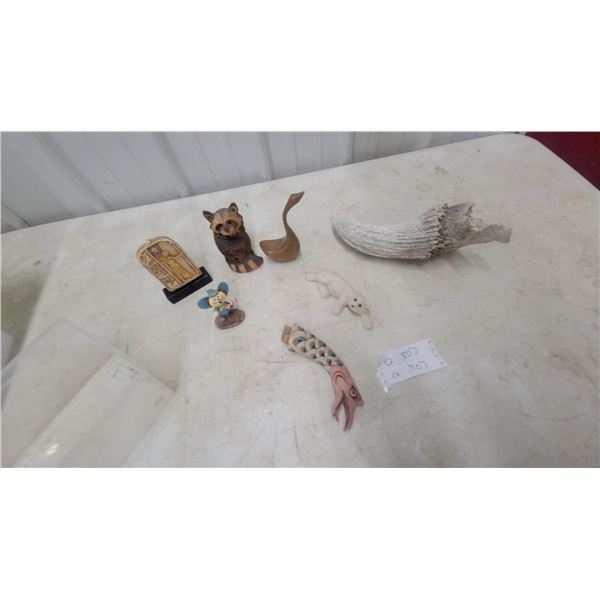 Collection of Decorative Figurines, Shed Antler Fragment, Carved Fish, and More