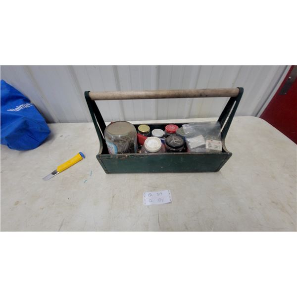 Green Metal Tool Caddy with Wooden Handle, Assorted Jars, Hardware, and More