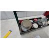 Image 2 : Green Metal Tool Caddy with Wooden Handle, Assorted Jars, Hardware, and More
