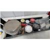 Image 3 : Green Metal Tool Caddy with Wooden Handle, Assorted Jars, Hardware, and More