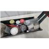 Image 4 : Green Metal Tool Caddy with Wooden Handle, Assorted Jars, Hardware, and More