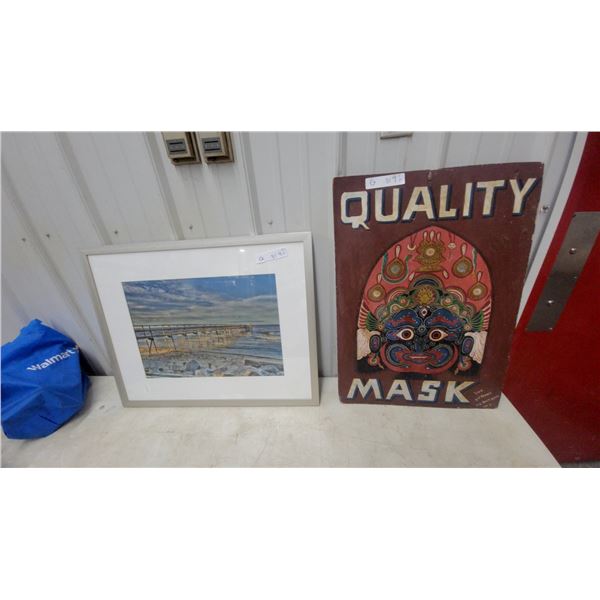 Framed Landscape Photograph and "Quality Mask" Painted Wooden Sign