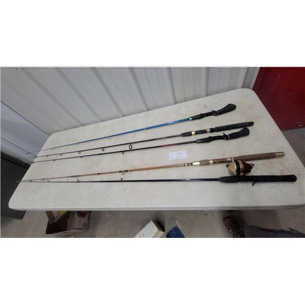 Lot of Five Fishing Rods Including Zebco 33 Spincast Reel and Abu Garcia and More
