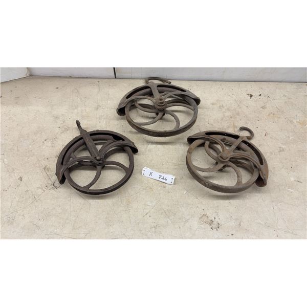 Lot of Three Antique Cast Iron Barn Hay Pulleys with Spoked Wheels and Hooks