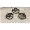Image 1 : Lot of Three Antique Cast Iron Barn Hay Pulleys with Spoked Wheels and Hooks