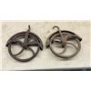 Image 2 : Lot of Three Antique Cast Iron Barn Hay Pulleys with Spoked Wheels and Hooks