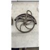 Image 6 : Lot of Three Antique Cast Iron Barn Hay Pulleys with Spoked Wheels and Hooks