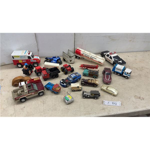 Collection of Diecast and Plastic Toy Vehicles, Police Car, Ambulance, Tanker, and More