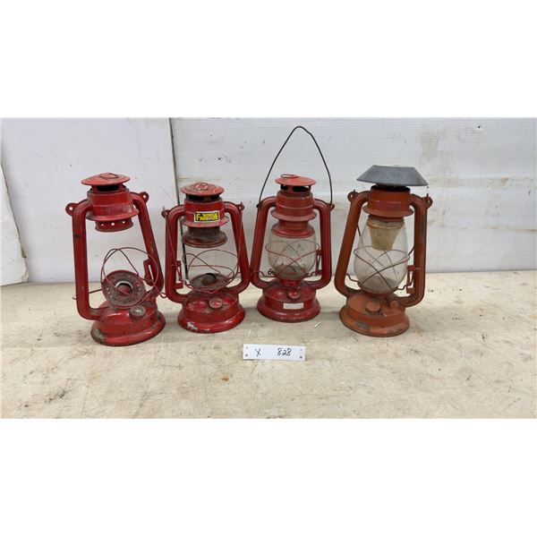 Lot of Four Red Cold Blast Hurricane Lanterns Including World Famous and More