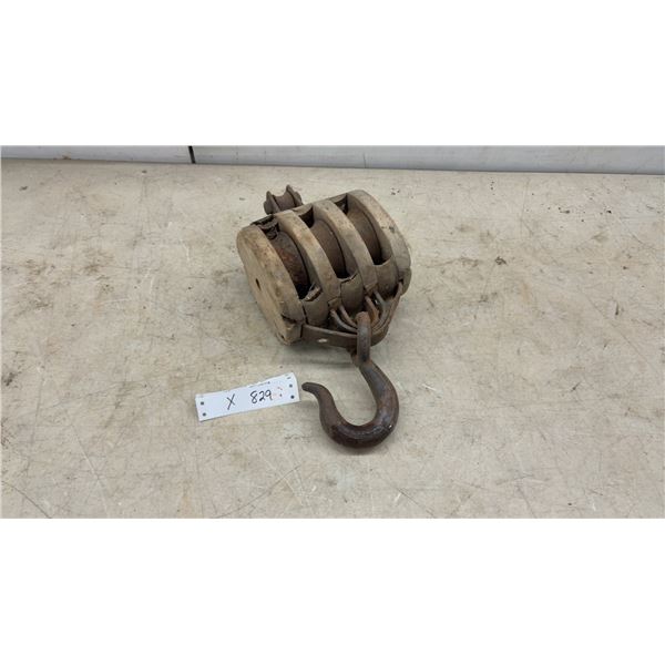 Vintage Wooden Quadruple-Sheave Tackle Block Pulley with Forged Iron Hook