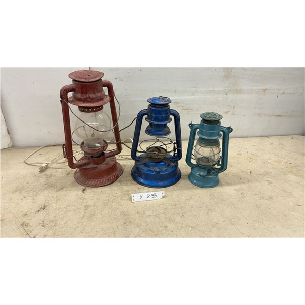 Lot of Three Vintage Hurricane Lanterns Including Dietz, One Converted to Electric Light