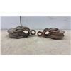 Image 2 : Pair of Vintage Cast Iron and Wood Barn Pulleys Including Simons Manufacturing Co.