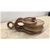 Image 5 : Pair of Vintage Cast Iron and Wood Barn Pulleys Including Simons Manufacturing Co.
