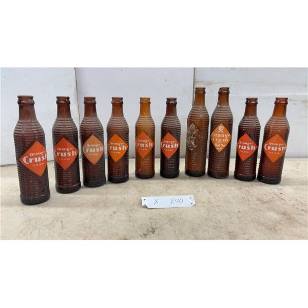 Lot of Vintage Amber Glass Orange Crush Ribbed Soda Bottles with Diamond Labels