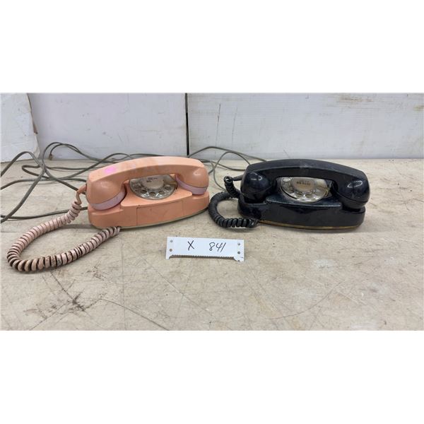 Two Automatic 1970's Compact Rotary Dial Telephones in Pink and Black