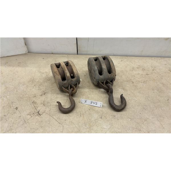 Pair of Antique U.S.M. Block Co. Double-Sheave Wooden Block Pulleys with Hooks