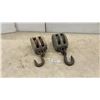 Image 1 : Pair of Antique U.S.M. Block Co. Double-Sheave Wooden Block Pulleys with Hooks