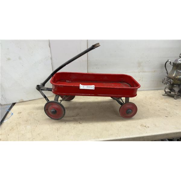 Vintage Child's Red Metal Pull Wagon with Steerable Front Axle, Rubber on Front Tire Missing