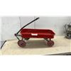 Image 1 : Vintage Child's Red Metal Pull Wagon with Steerable Front Axle, Rubber on Front Tire Missing