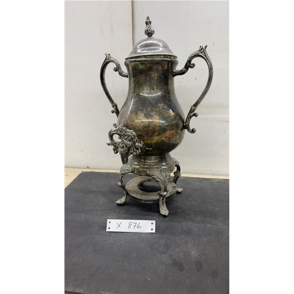 Silver-Plated Hot Water Urn with Ornate Spigot, Scrolled Handles, and Footed Stand