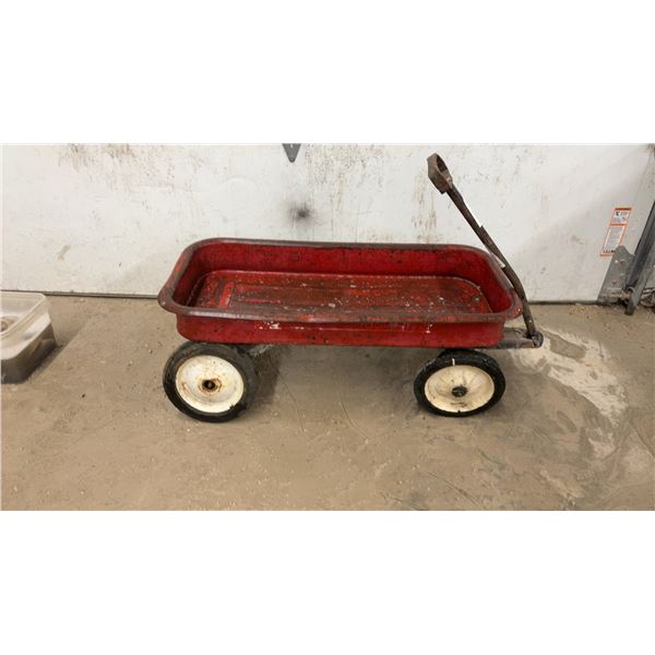 Vintage Red "Radio Flyer" Metal Pull Wagon with White Wheels and Rubber Tires