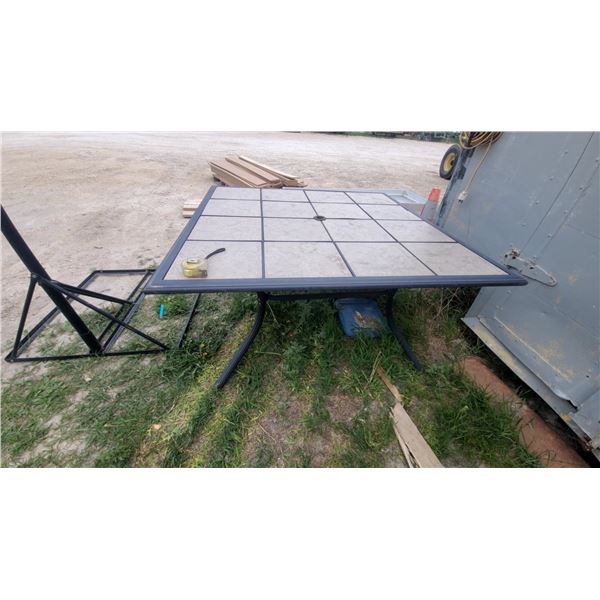 Outdoor Patio Dining Table with Tile Top and Umbrella Hole, Black Metal Frame 27 x 52 x 52"