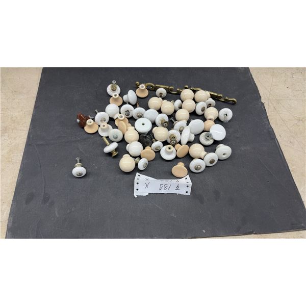 Assorted Vintage Ceramic and Porcelain Drawer Pulls and Cabinet Knobs with Brass Handle and More