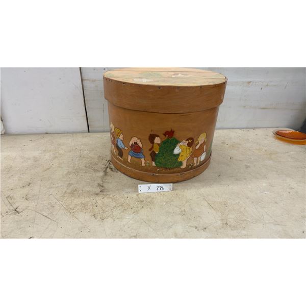 Hand-Painted Round Wooden Lidded Box with Folk Art Children and Outhouse Scene