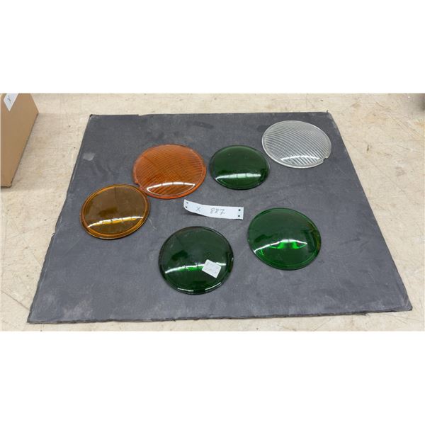 Lot of Six Colored Glass Signal Lenses, Green, Amber, Orange, and Clear, 5" Diameter